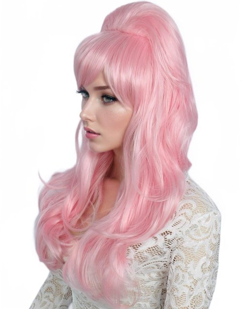 Linfairy Long Wavy Pink Wig Big Bouffant Beehive Wigs for Women fits 50s 80s Costume