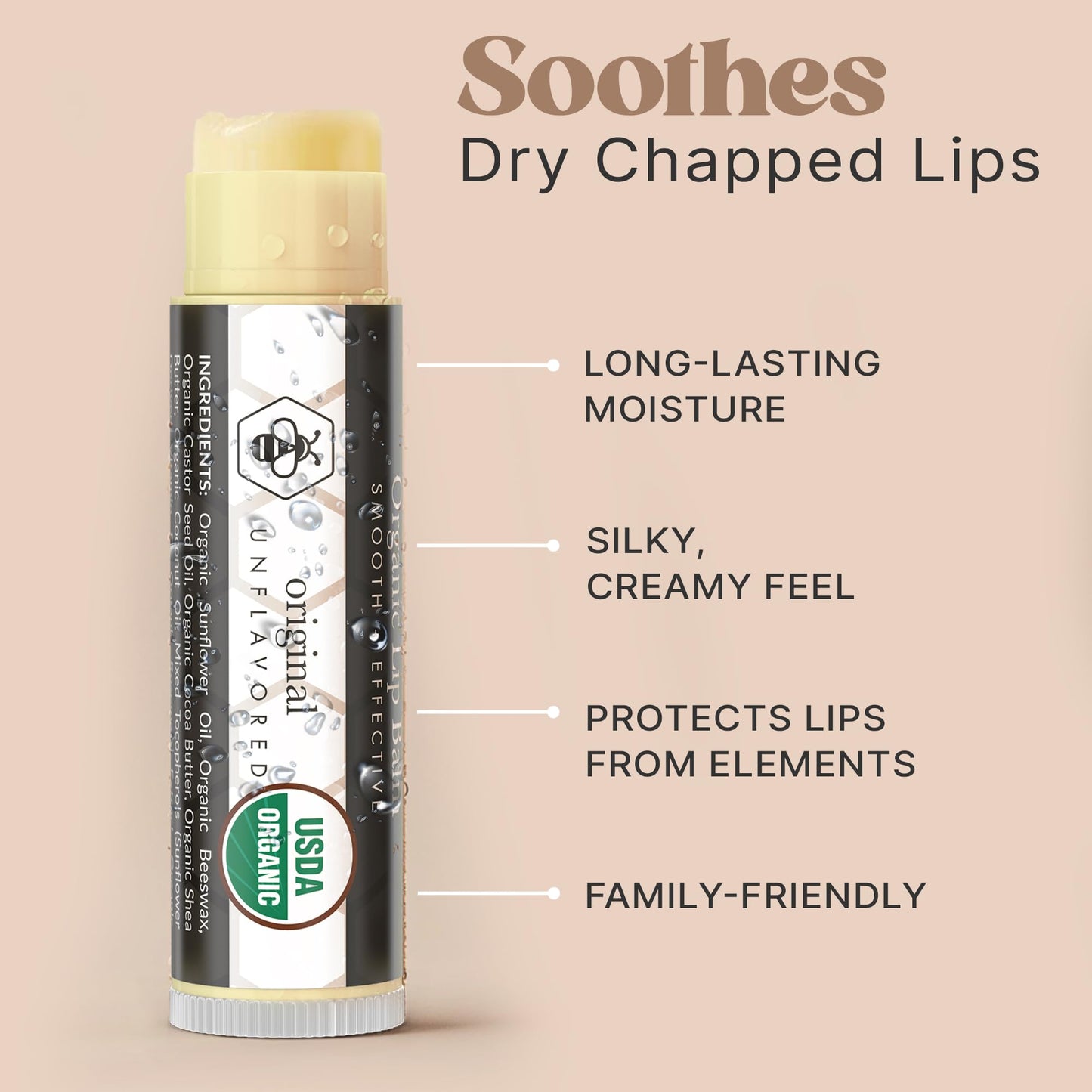 USDA Organic Lip Balm - USA Made with Natural Ingredients, 4 Pack Unflavored Chapstick for Dry Lips, Lip Balm Hydrating Beauty Birthday Gifts, Lip Moisturizer, Mens Gift Ideas