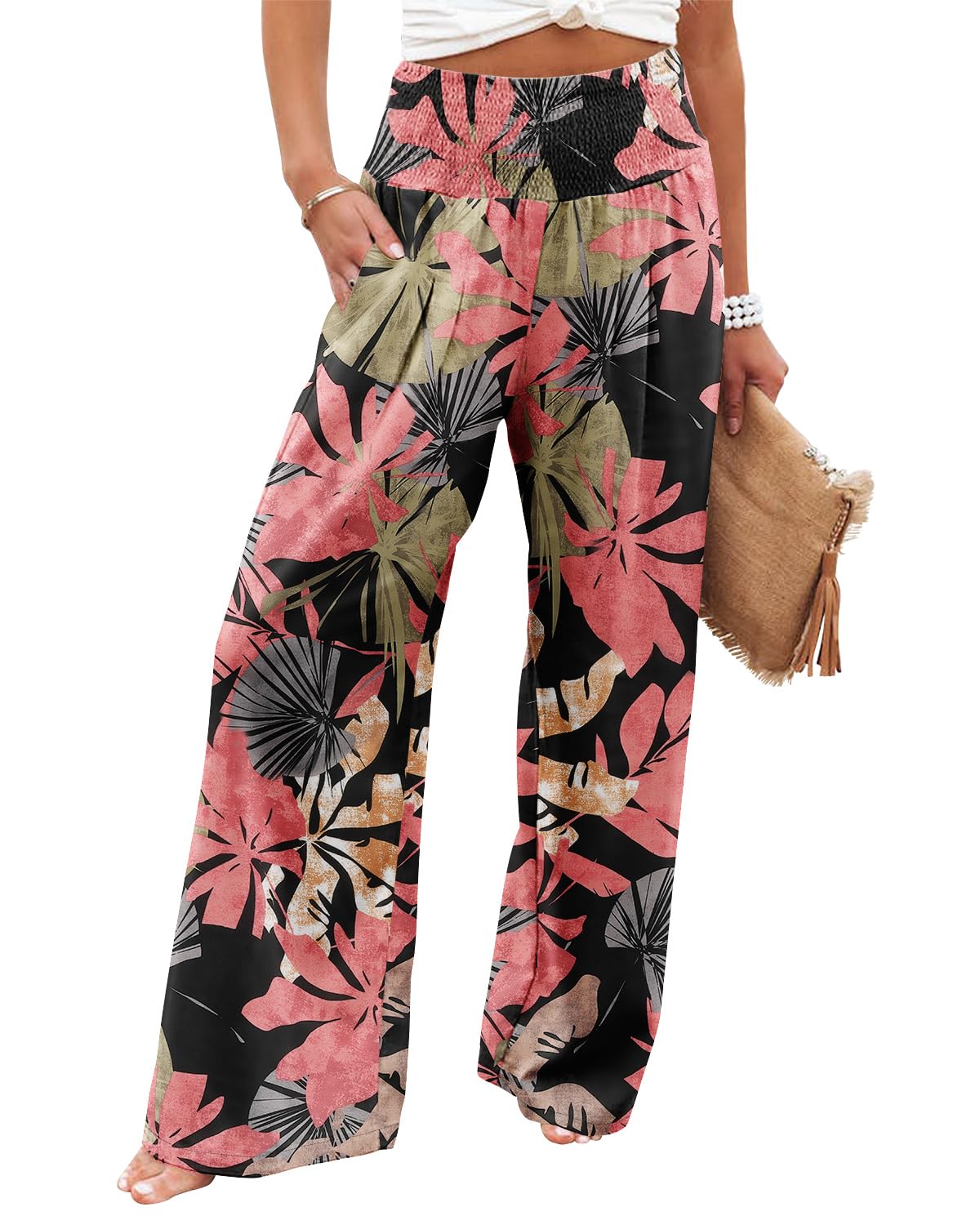 Angerella Womens Smocked Elastic Waisted Palazzo Pants Casual Wide Leg Floral Printed Long Lounge Pant Trousers with Pocket BlackCoral M