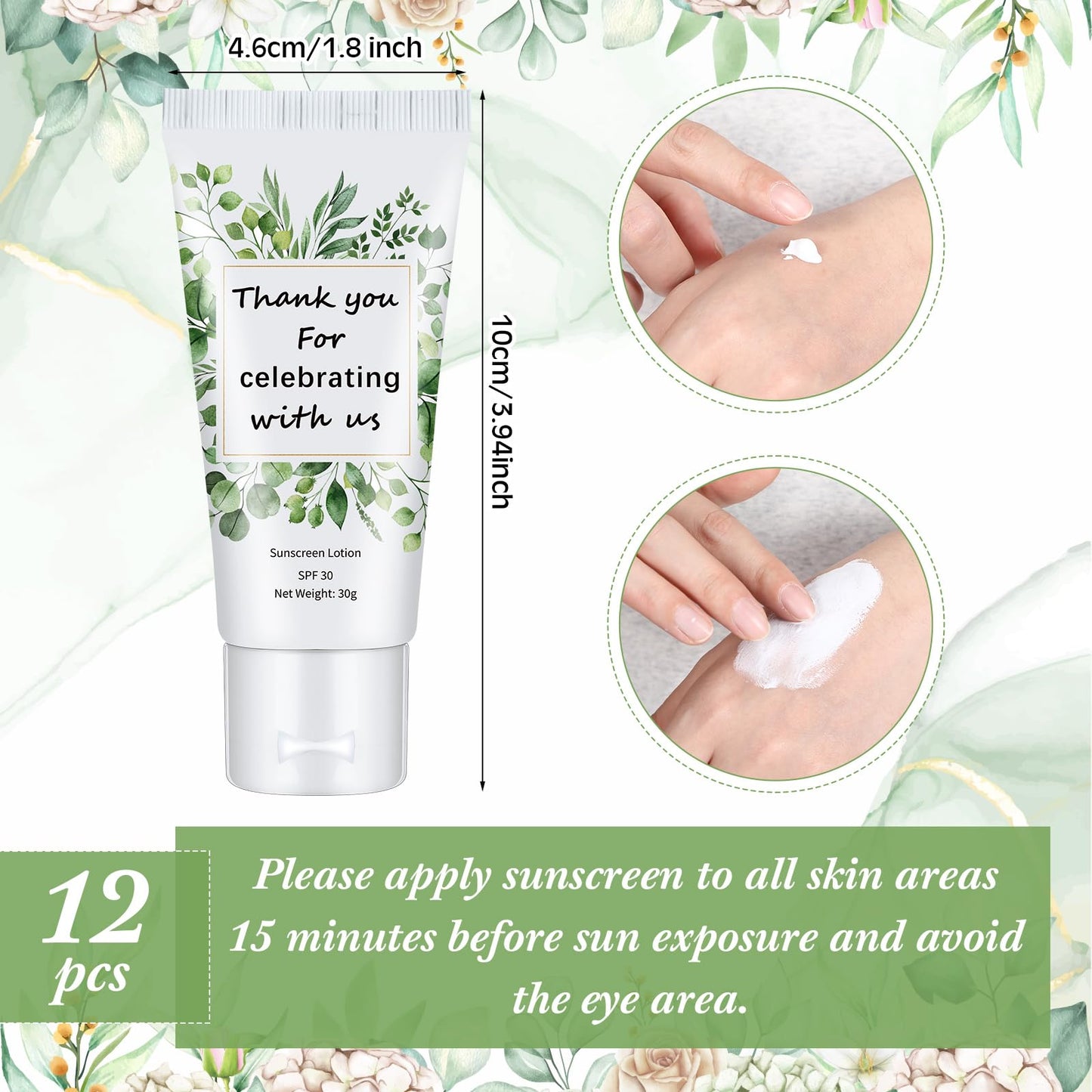 Dansib 12 Pcs Travel Size Mini Sunscreen Bulk for Summer Vacation Spf 30 Water Resistant Sunscreen Lotion Sunblock for Thank You Gifts Hawaiian Wedding Pool Party Favor (Greenery)