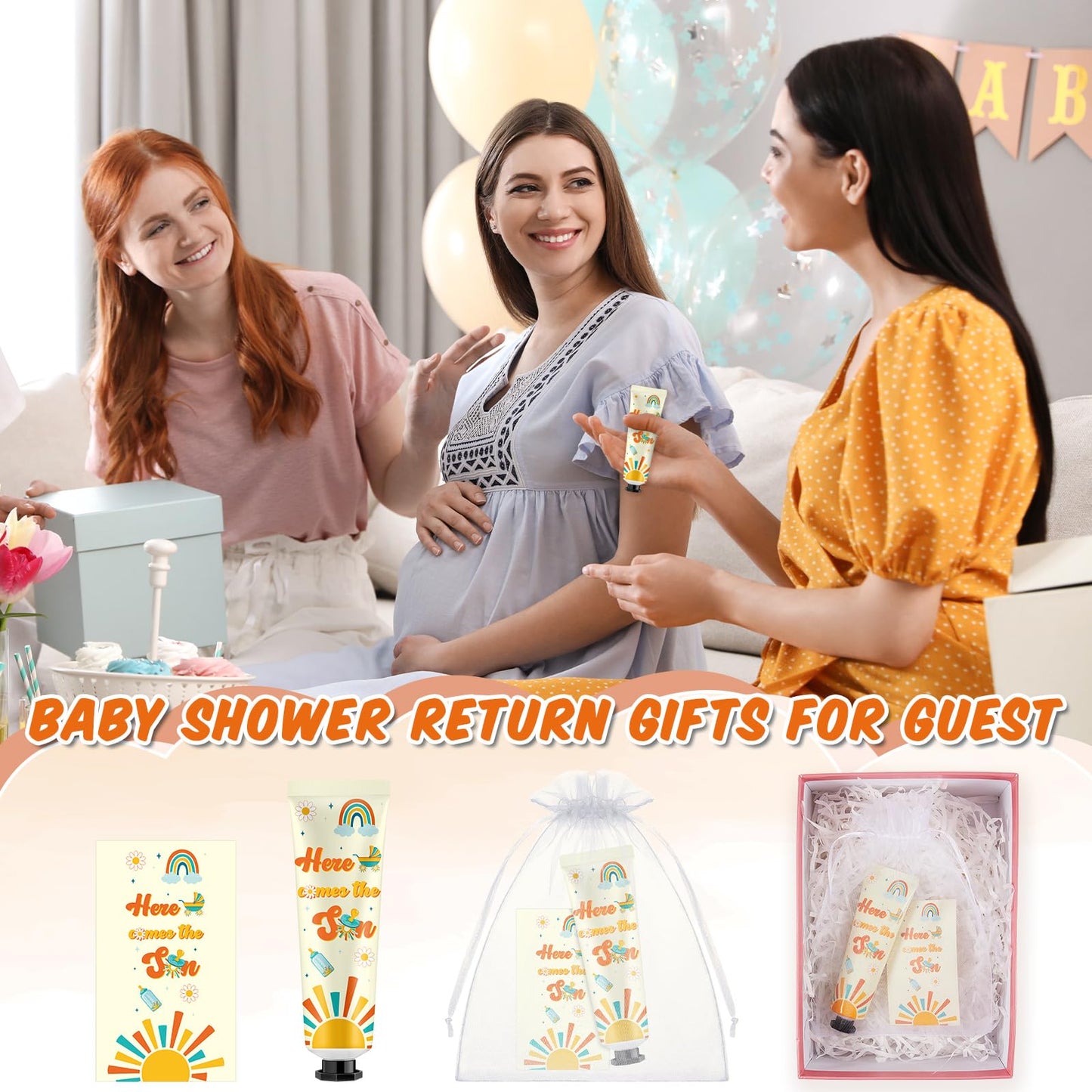 Swiffen 24 Sets Here Comes The Son Baby Shower Hand Cream Bulk Sunshine Baby Shower Favors Hand Cream for Guests Travel Size Lotion with Organza Bags