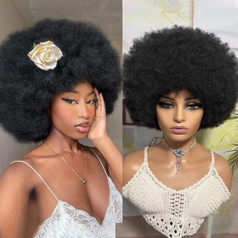 Afro Wig 70S Curly Afro Wigs For Black Women Short Afro Kinky Curly Wig With Bangs For Women Disco Wig Puffy Bouncy Synthetic Wigs For Daily Party Halloween Costume Use (Black)