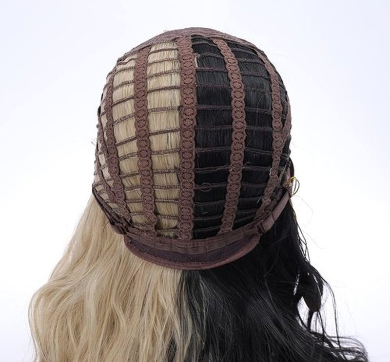 PATTNIUM Black and Blonde Wig Two Color Wig Short Curly Black Blonde Wig With Bangs Split Wig for Women Heat Resistant Synthetic Hair Cosplay Party Wig (Half Blonde Half Black)