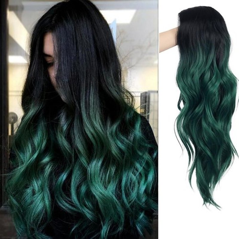 Wiwige Long Curly Wavy Ombre Green Wigs for Women Synthetic Natural Middle Part Daily Party Halloween Cosplay Wig with Wig Cap 21"