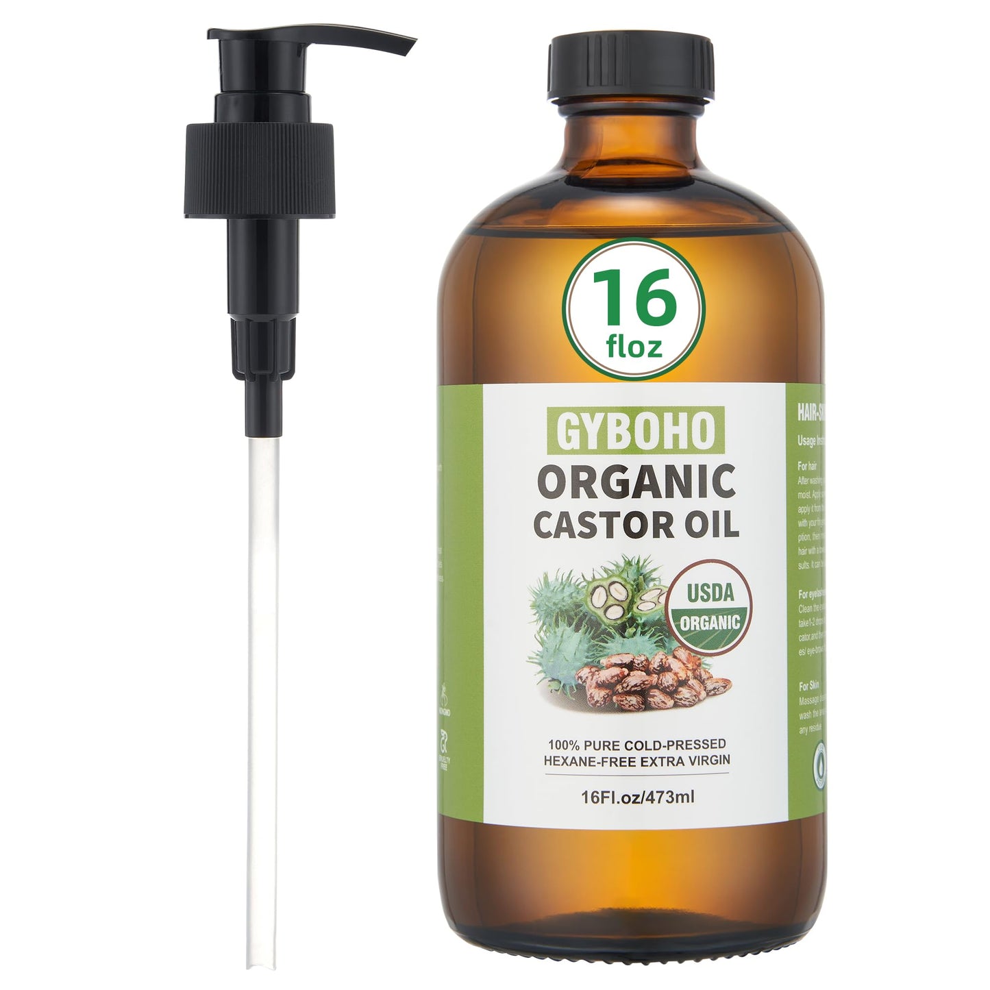 Castor Oil Organic for Pack Wrap, Liver Detox, Hair Growth -Face-Lashes & Eyebrows,Cold pressed,Glass Bottle Packaging(16oz)