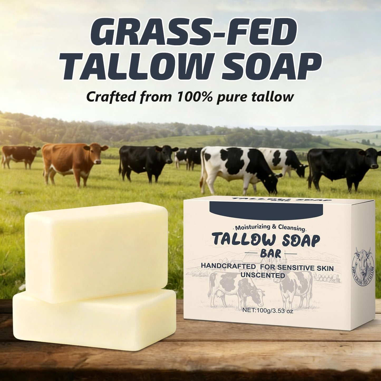 Viugex Beef Tallow Soap Bar, All Natural and Organic Grass Fed Tallow Soap, Moisturizing Face & Body Wash for Dry, Itchy, Sensitive Skin, Deep Cleansing Handmade Bath Soap for Adults, Kids - 1 Pack
