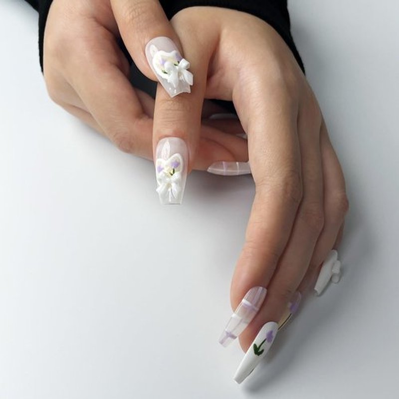 Wsiliana Almond Handmade Press on Nails Short Medium Acrylic Fake Nails Tips With Jelly Glue Flower Finish Nail 10Pcs (015-S)