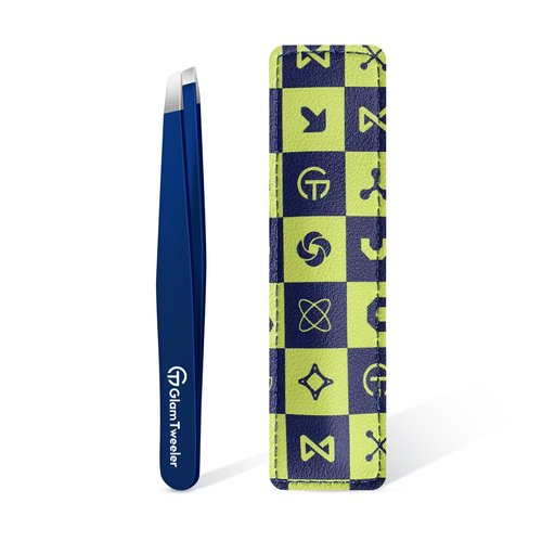 Expert Slant Tip Tweezers with Leather Travel Case, GlamTweeler Sharp & Precision Stainless Steel Tweezer for Eyebrows, Facial Hair and Fine Hairs Removal (Navy Blue)