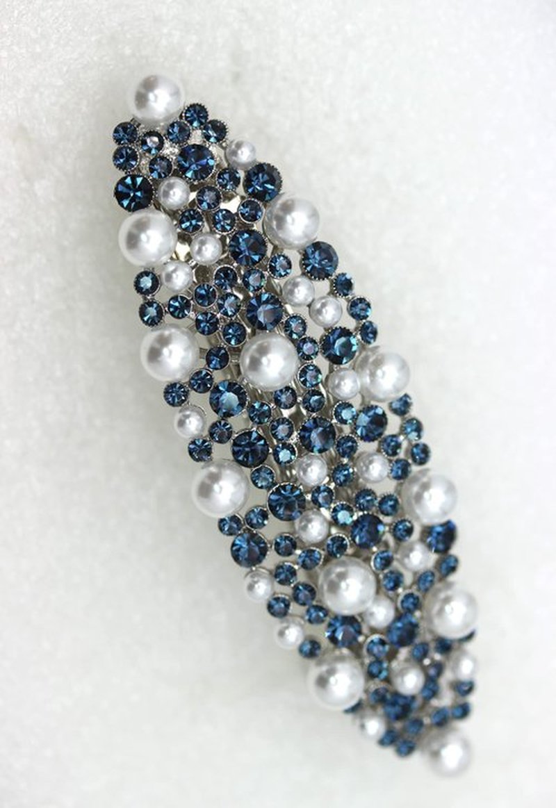 Faship Gorgeous Navy Blue Rhinestone Crystal Pearl Floral Barrette