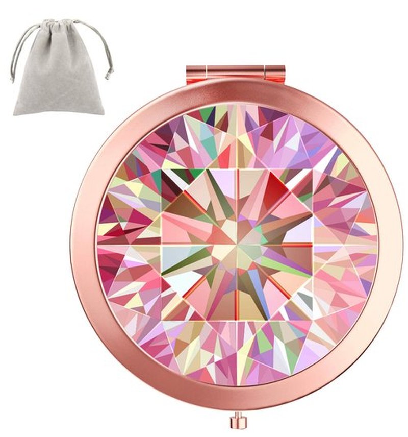 Dynippy Compact Mirror Rose Gold Makeup Mirror Folding Mini Pocket Mirror Portable Hand Mirror Double-Sided 2 x 1x Magnification for Woman Girls (Pink Diamond Pattern)