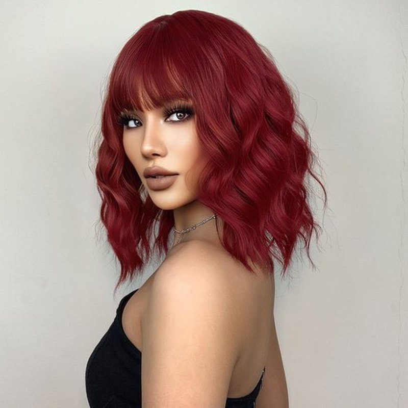 incohair Wine Red Wig with Bangs Women Girls Short Curly Wavy Bob Wig Shoulder Synthetic Halloween Party Wigs Wig Cap Included