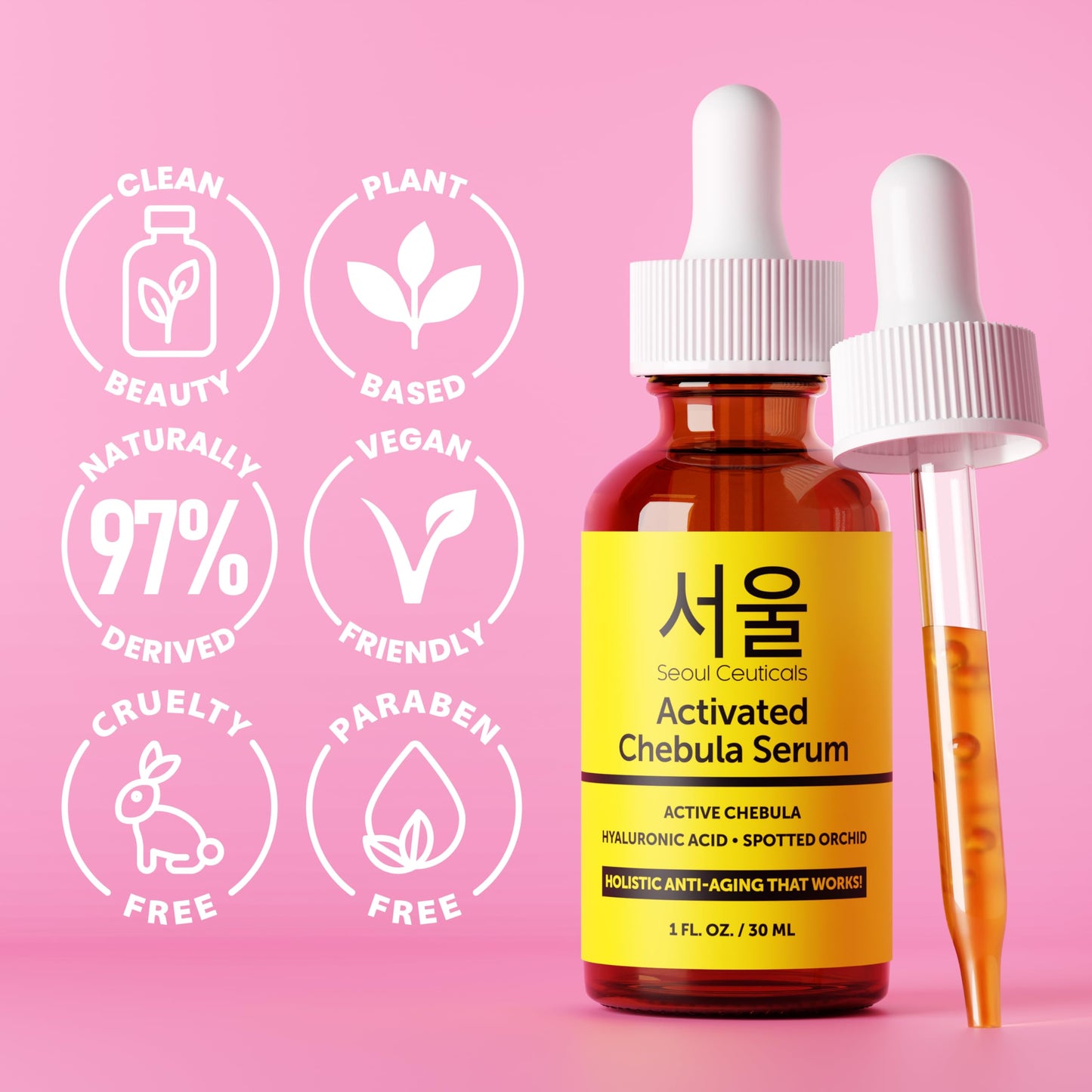 SeoulCeuticals Chebula Active Serum for Face - Korean Skin Care Anti Aging Natural K Beauty Skincare With Hyaluronic Acid + Spotted Orchid for Healthy, Youthful Glowing Skin 1oz