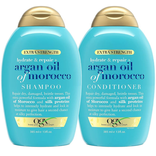 OGX Argan Oil Shampoo & Conditioner Set - Extra Strength Hydrate & Repair, 13 Fl Oz (2 Pack)