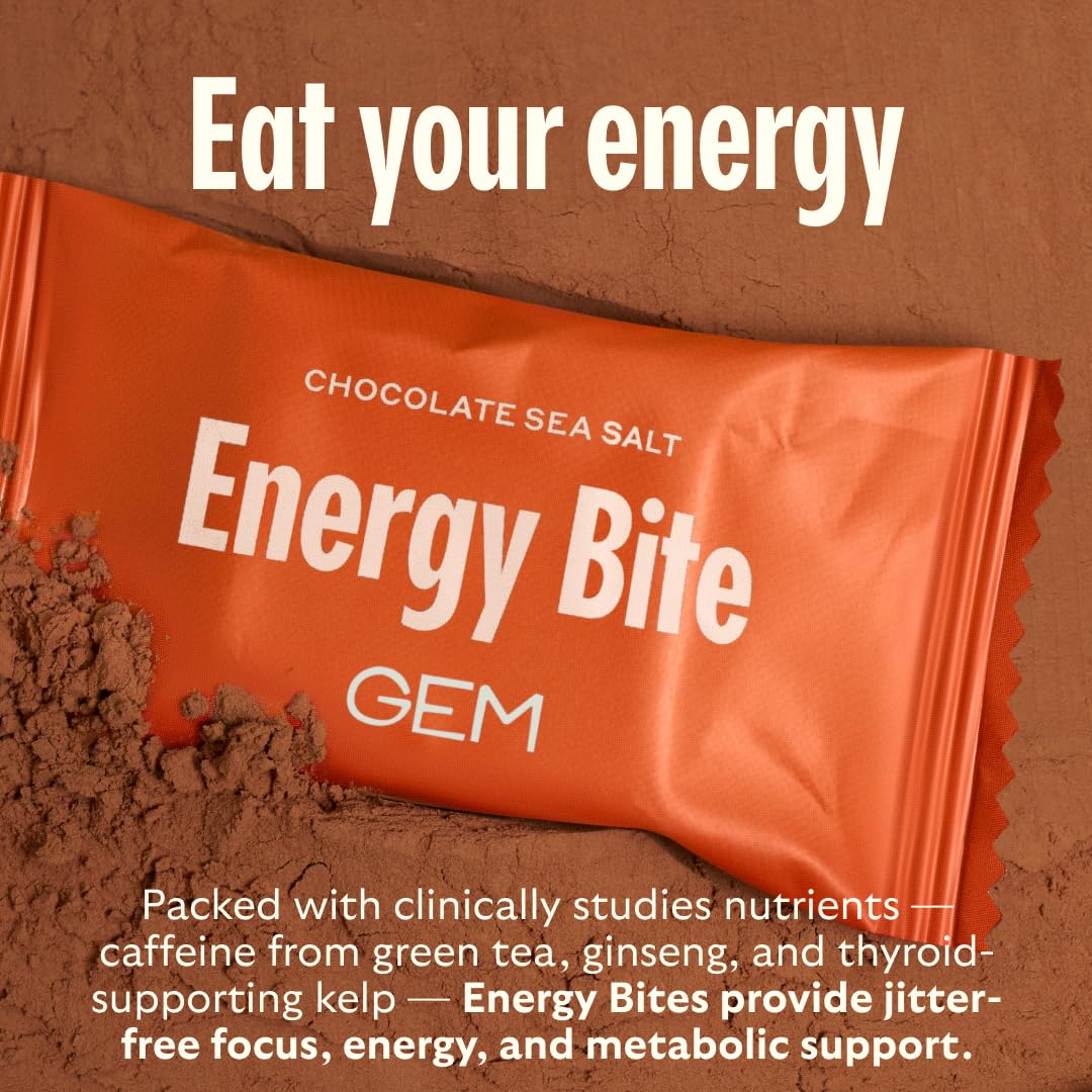 GEM Energy Caffeinated Chocolate Bite, 40mg Caffeine, Ginseng Root, L-Theanine, Holistic Sustained Energy, Supports Metabolism, Stamina & Endurance | Chocolate Cacao Sea Salt | 28 Servings