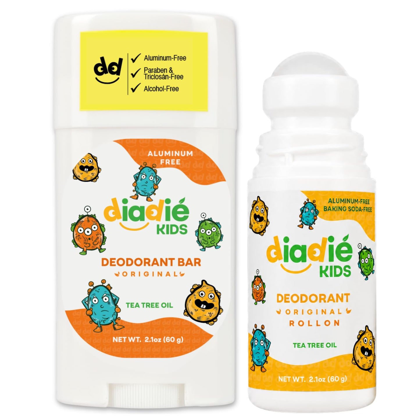 DIADIÉ Kids Natural Deodorant Mix, for Kids, Boys or Girls and Teens, stink free, Aluminum-Free, Paraben-Free, stick & rollon, 2.1oz each, 2 Pack