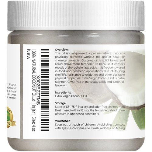Velona USDA Certified Organic Coconut Oil Extra Virgin - 4 fl oz | Food and Cosmetic Grade | in jar | Extra Virgin, Cold Pressed