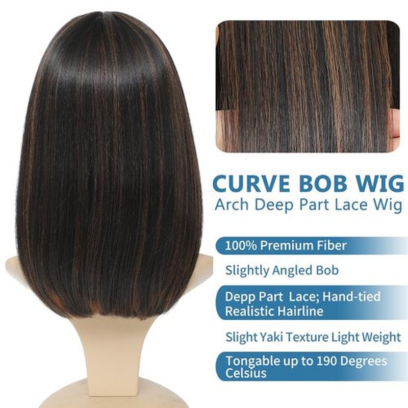 meiliprotea Brown Highlight Bob Wig Middle Part Synthetic Lace Front Wig Wear and Go Glueless Bob Closure Wig 15 Inch Shoulder Length Straight Bob Wigs for Women Daily Party Use (HL Brown)