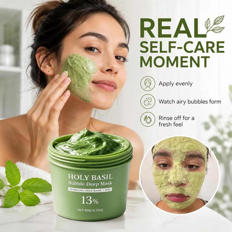 Holy Basil Bubble Deep Mask - Clay-to-Foam Facial Mask with PHA & Extract | Gentle Cleansing & Hydrating 90g (Green)