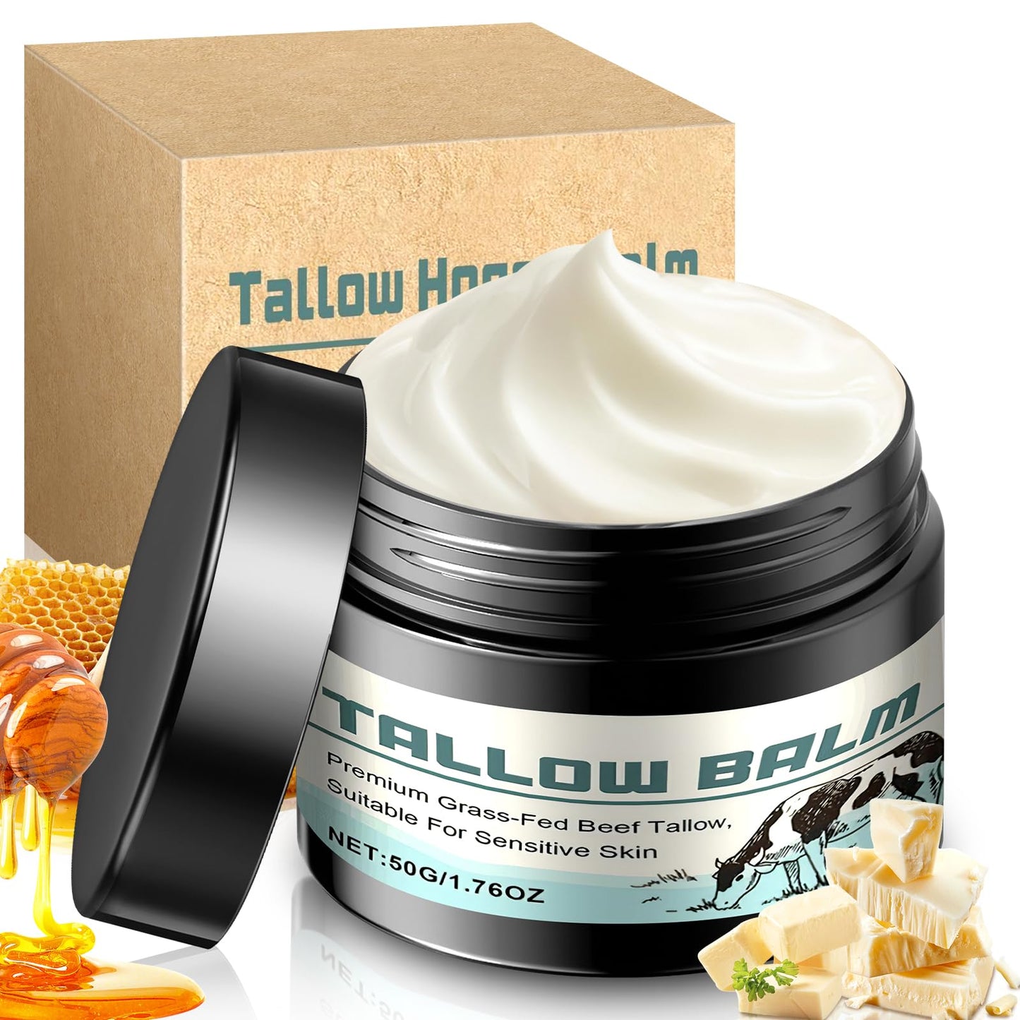 GDBadais Beef Tallow for Skin Grass Fed Tallow and Honey Balm Honey Balm Grass Fed Tallow Face Moisturizer for Sensitive Skin Anti-Aging & Dry Skin - Ancestral Skincare (50g)