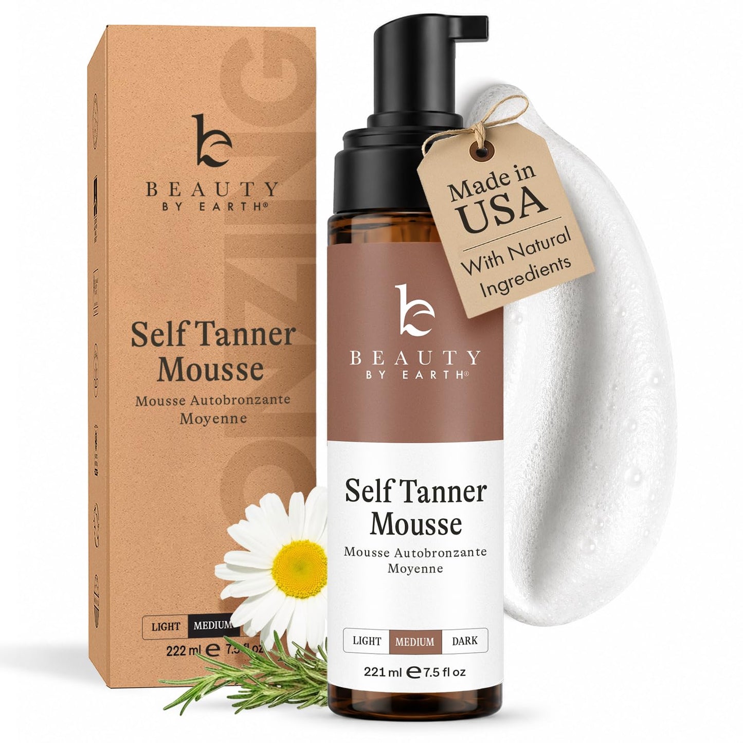 Self Tanner Mousse - USA Made with Natural & Organic Ingredients, Self Tanning Mousse for Dark Fake Tan, Sunless Tanner, Clear & Non Toxic Tanning Foam for Streak Free Finish & Natural Glow
