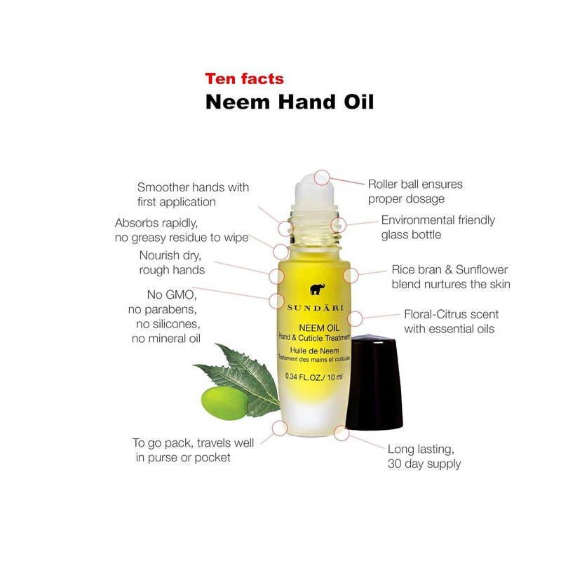 Neem Hand & Cuticle Treatment Oil - Hydrating Roller for Dry Hands & Nails | 0.34 Fl Oz, Non-Greasy, Pure Herbal Extracts