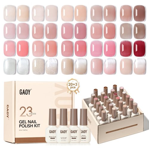 GAOY 23 Pcs Gel Nail Polish Kit, Nude Pink Glitter UV Gel Nail Polish Set with Glossy & Matte Top Coat and Base Coat for Nail Art Home DIY Gel Nail Kit