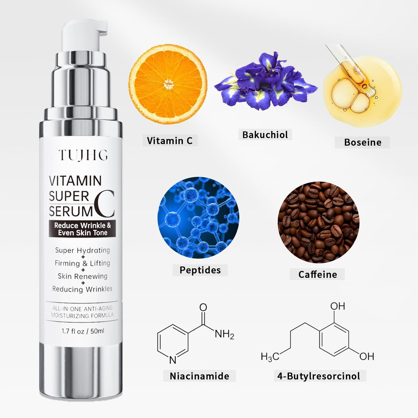 Vitamin C Serum for Face, Brightening & Anti-Aging with Hyaluronic Acid, Vitamin E, Peptides, Collagen - Hydrates, Firms, Lifts, Smooths, 1.7 Fl Oz