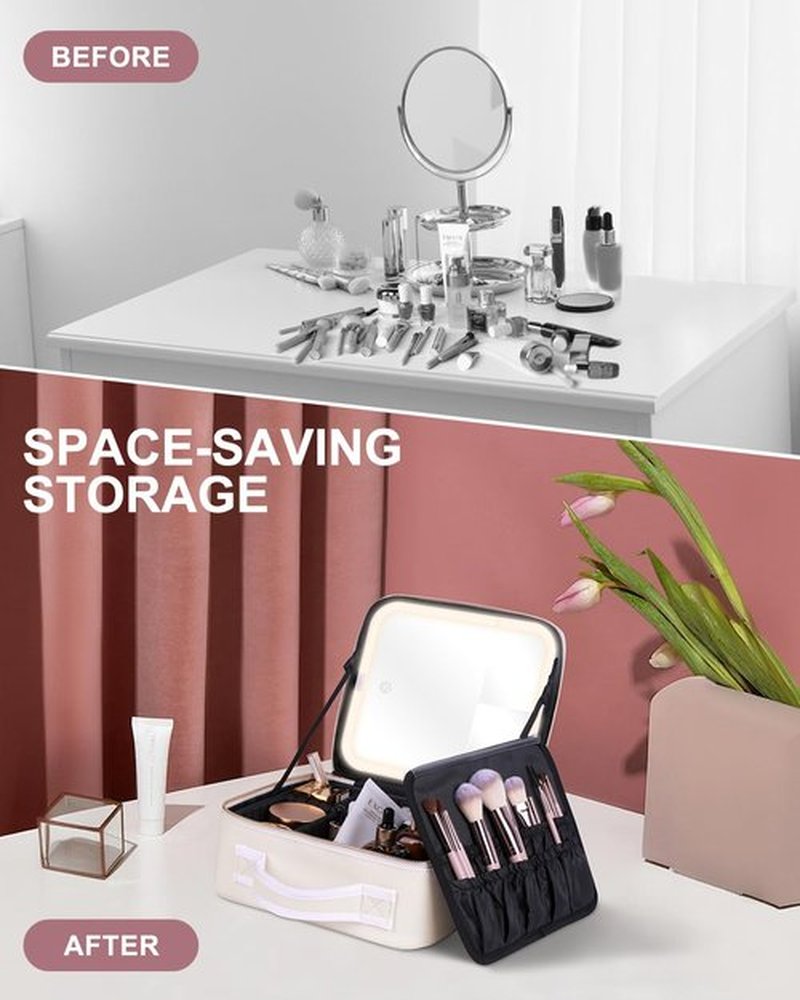 MAYFIY Makeup Bag with LED Mirror and Travel Makeup Train Case Cosmetic Organiser with 2X3X Magnifying Mirror and Separate Makeup Brush Panel, Portable Adjustable Divider Storage Bag, Creamy-white