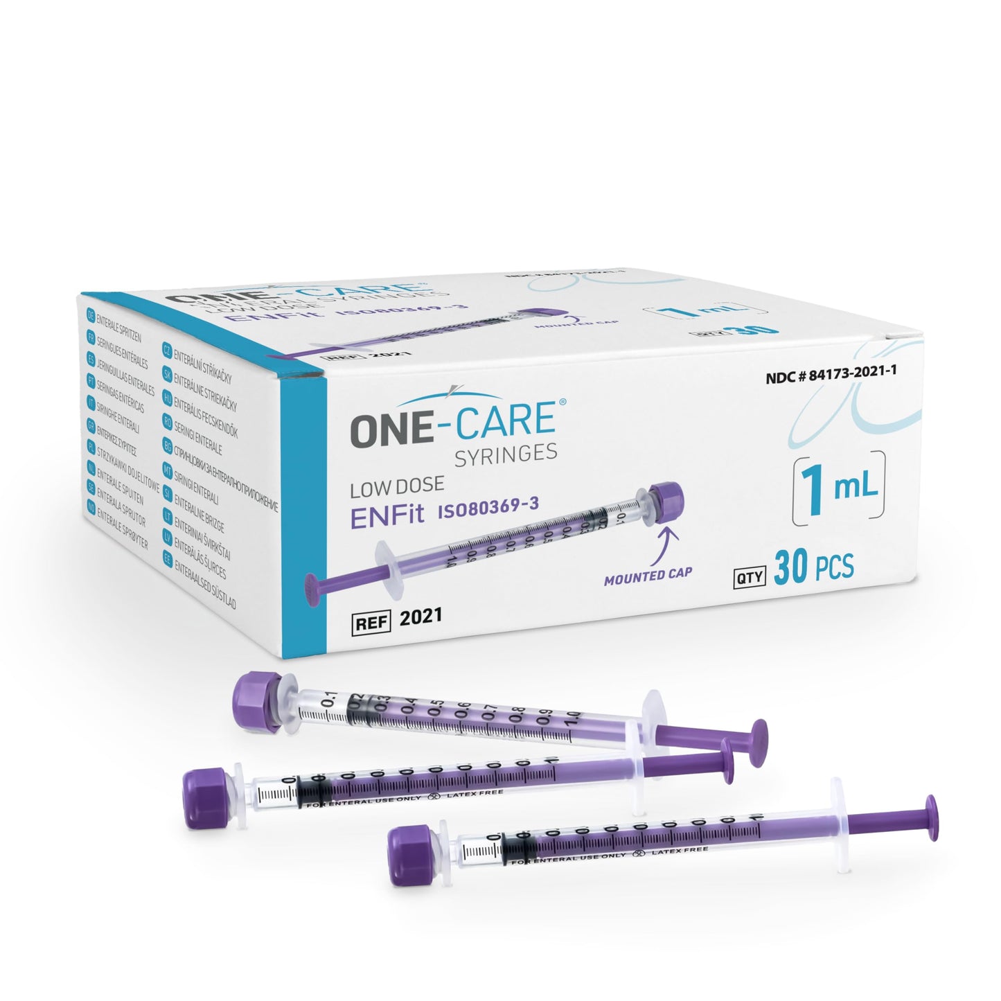 ONE-CARE Lab ENFit Syringe 1ml with Mounted Cap, Sterile, Low Dead Space, 30/bx Blister-Packed, Box of 30 Syringes,