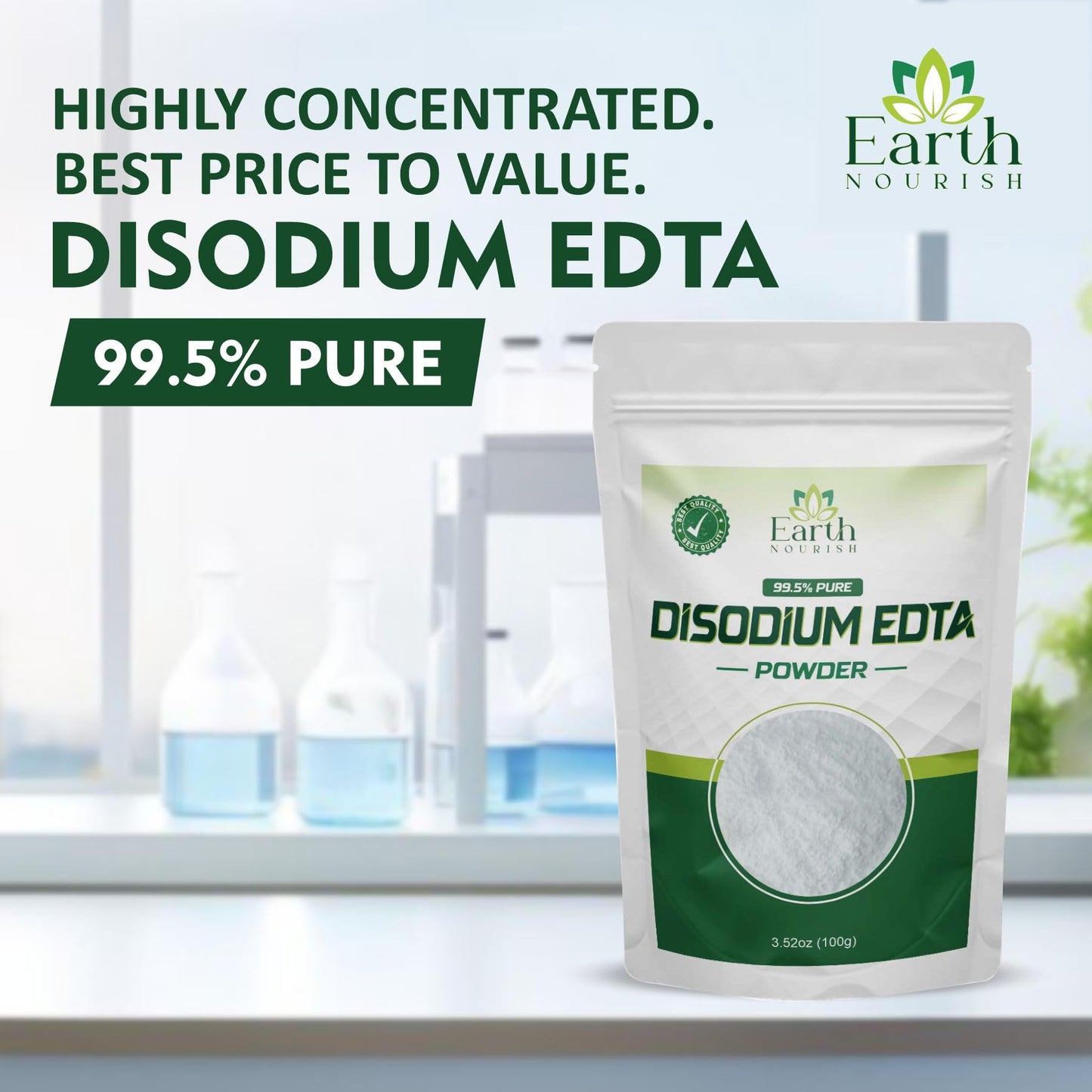 Earth Nourish Disodium EDTA - 3.52 Oz / 100g | Pure Cosmetic Grade Raw Material White Crystalline Powder for DIY Body Soaps, Hair Shampoo & Conditioner, Facewashes Foam Builder & Cleanser