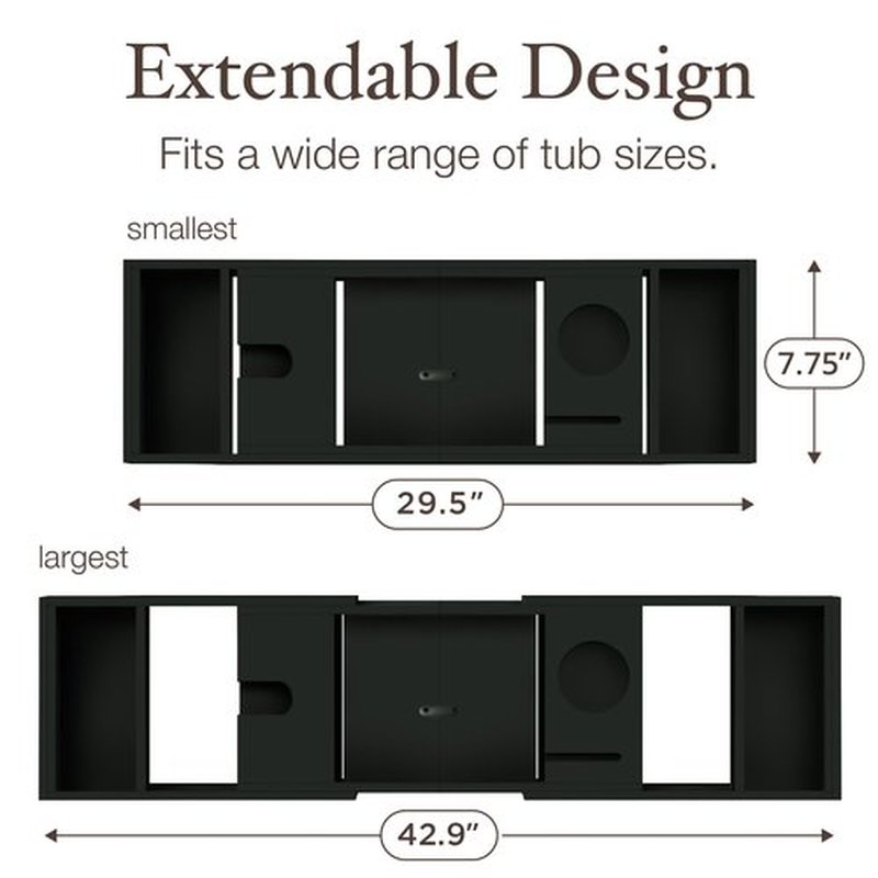 Bambüsi Bathtub Tray Table - Adjustable Bamboo Bathtub Caddy - Space-Saving Folding Bath Tub Tray - Wood Bathtub Accessories - Unique for Women or Men (Black)