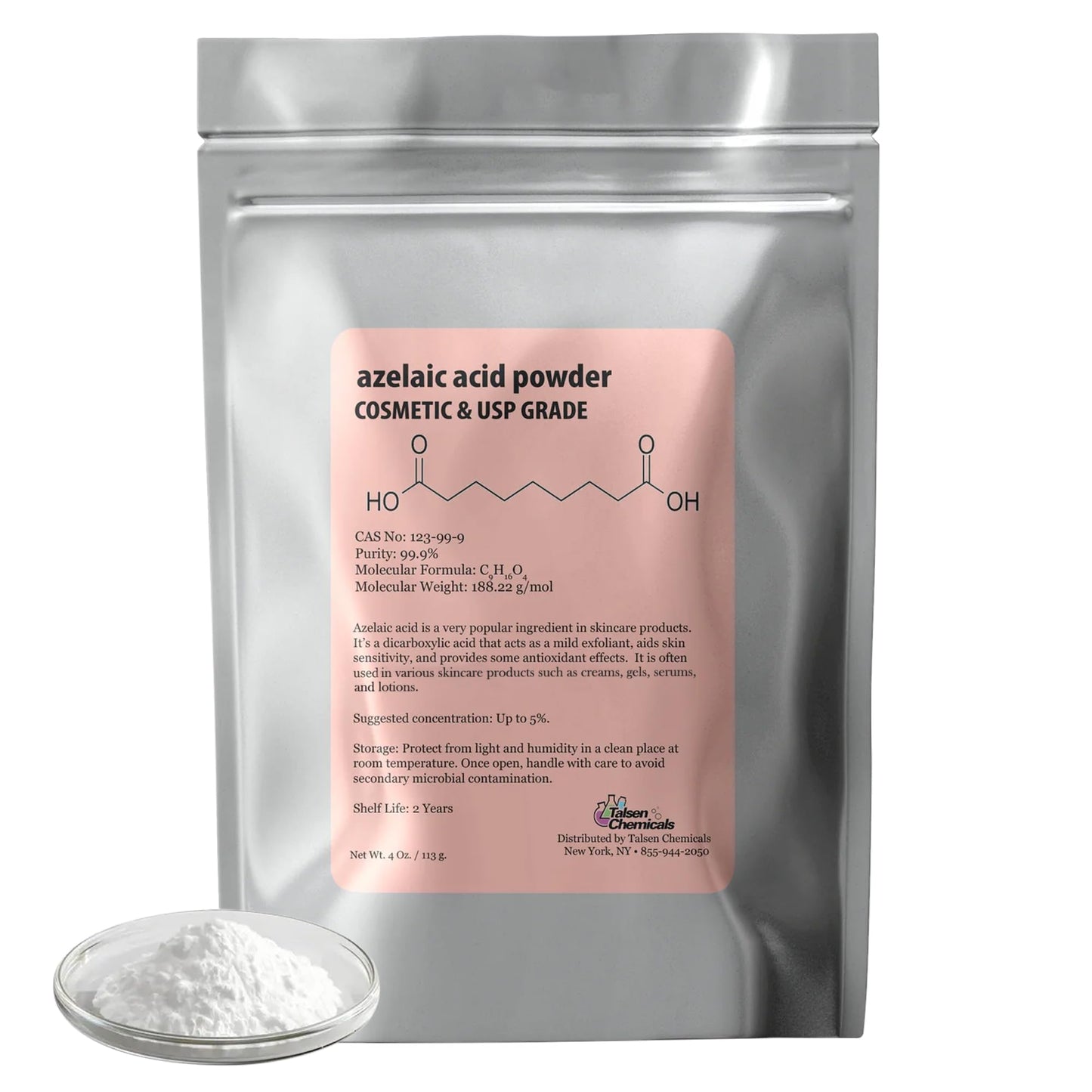 Azelaic Acid Powder (4 Oz / 113 Grams) 99.9% Azelaic Acid Fine Powder for Making DIY Azelaic Acid Cream, Gel and Azelaic Acid Serum by Talsen Chemicals
