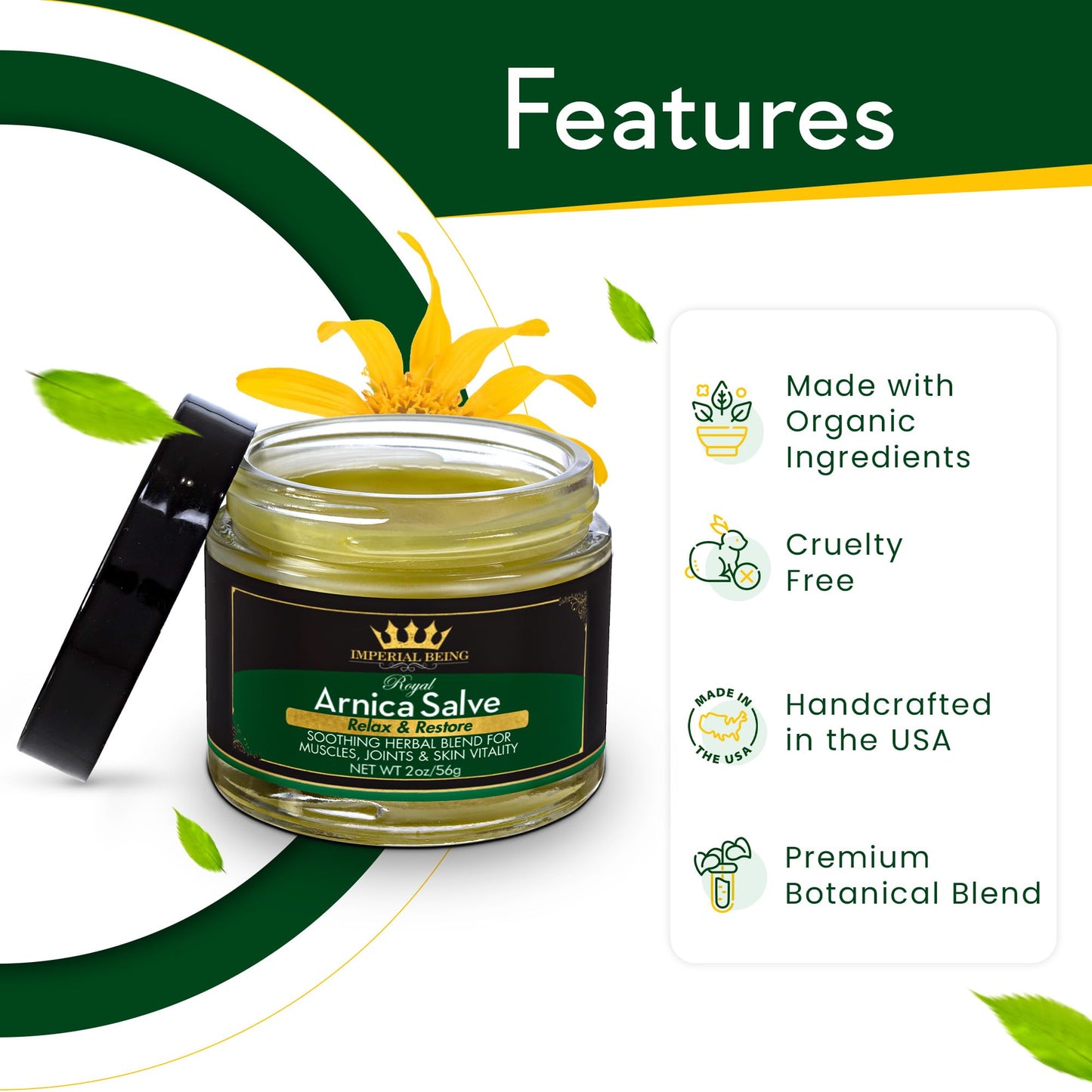 Royal Arnica Salve - Organic Bruise Care and Skin Recovery Balm, Natural Arnica Oil for Muscles, Joints, and Body Comfort, Botanical Massage Cream with Essential Oils, Herbal Relief Blend (2 oz)