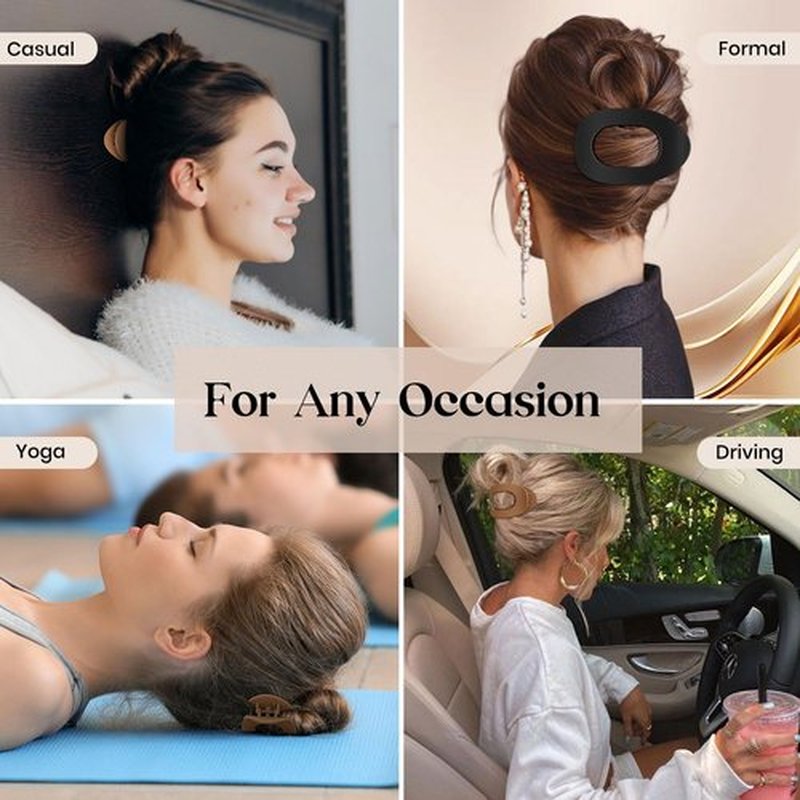 Oeusnael 2 PCS Flat Hair Clips, French Round Lay Down Claw Clips for Women Girls, Matte Non-slip Strong Hold Hair Clips for Thick Thin Curly Hair, Comfortable Curved Flat Hair Clips, Cream & Black