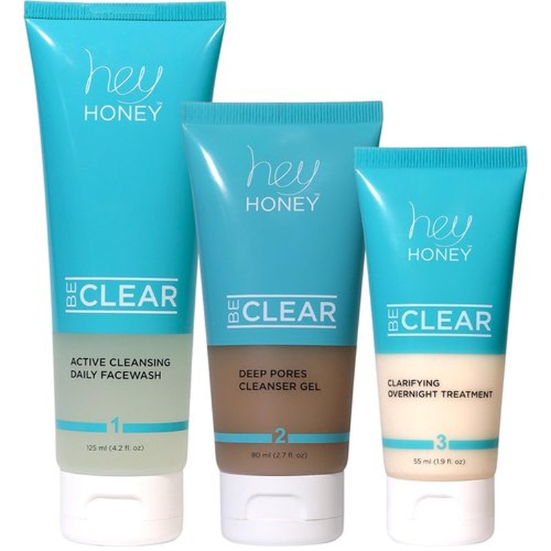 Hey Honey Skincare Be Clear 3-Step Acne Clearing Kit |Clear Face Wash, Deep Pores Cleansing, Overnight Treatment | with Propolis & Honey | Clear Blemish Skin Purifying Formulas | 3-Piece Kit