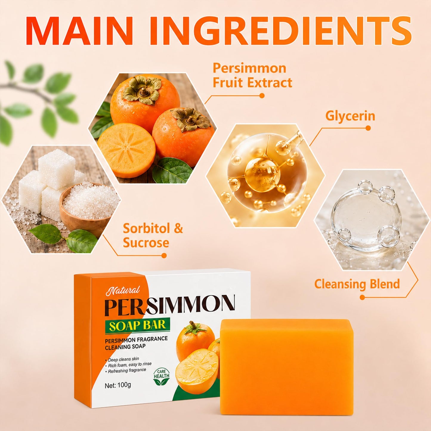 Persimmon Soap for Old People Smell, 3 Pack with Foaming Net, 100g