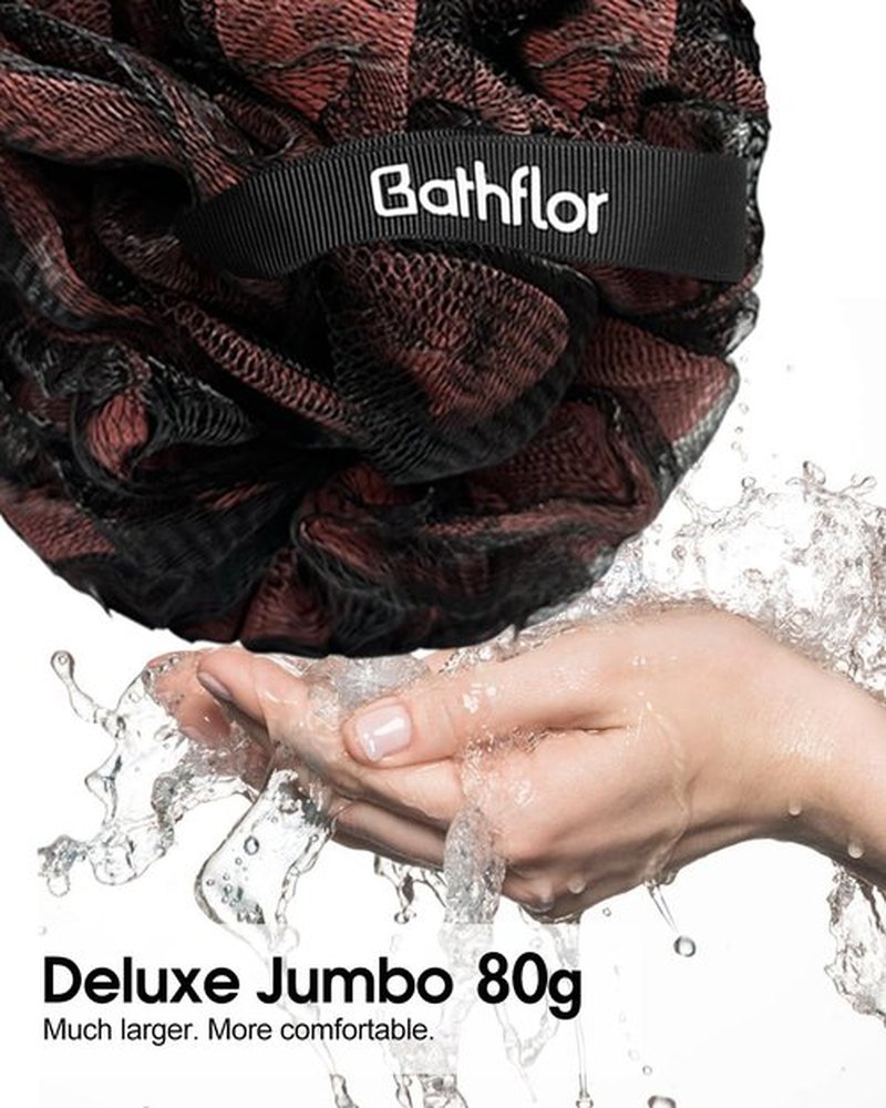 Bathflor Shower Loofah Sponge Exfoliating Body Scrubber 80g, Charcoal Loofa for Women & Men Bath Wash: 1 Long Handle Back Brush Plus 4 Packs Extra Large 80g Soft Luffa Poufs, 1 Lufa Hook (Charcoal)