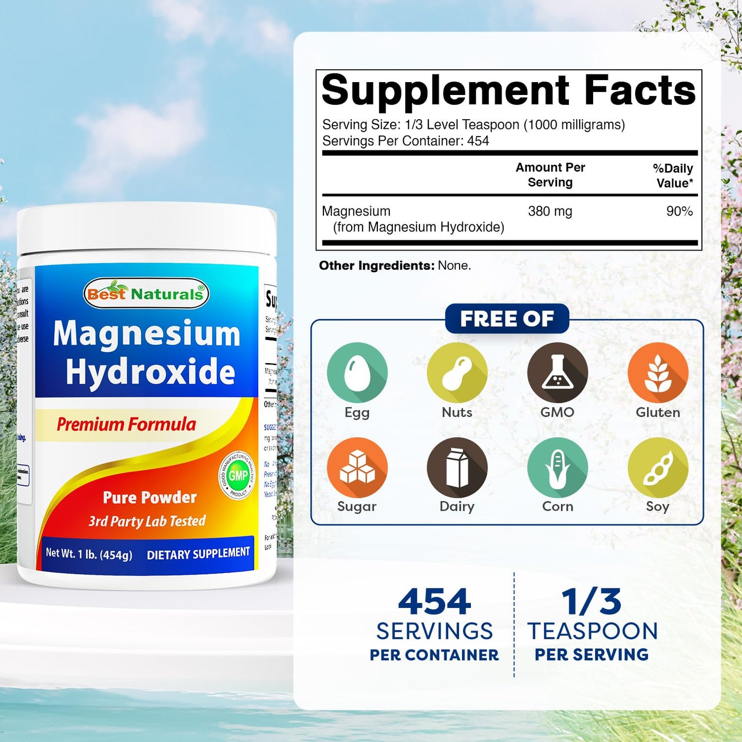 Best Naturals Magnesium Hydroxide Powder - 380mg of Elemental Magnesium per Serving - 454 Servings per Cotainer - 1 Pound