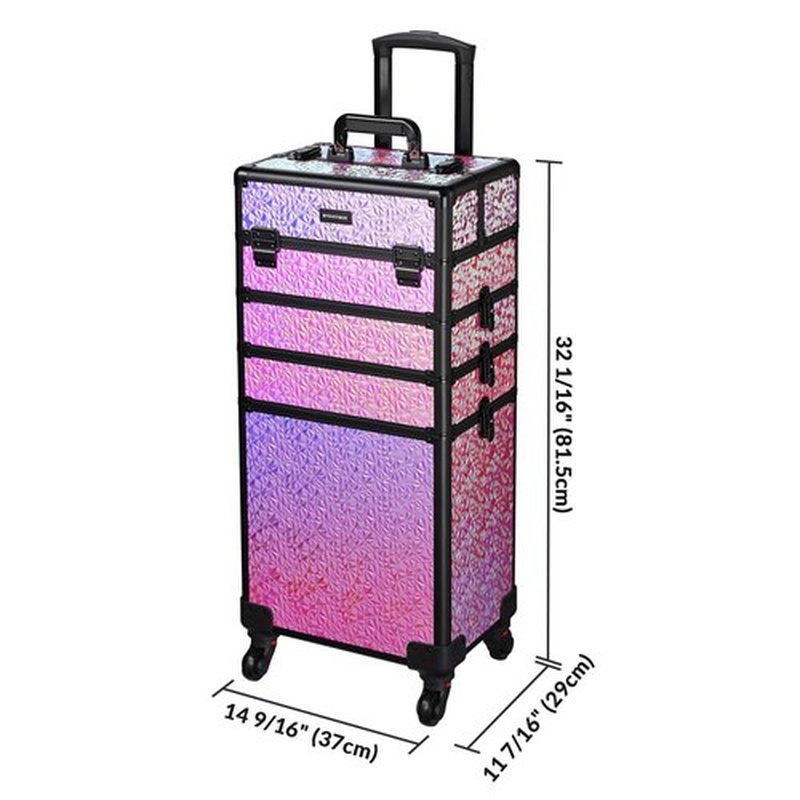 BYOOTIQUE Rolling Makeup Train Case 4in1 Cosmetic Trolley Organizer Travel Case Lockable Salon Barber Case Traveling Cart Trunk with Wheels for Makeup Artist Trave Nail, Mermaid Pink