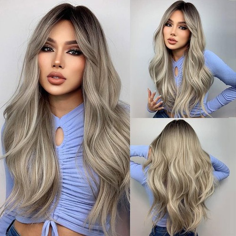 PATTNIUM Long Gray Blonde Wigs for Women Black Gray Wig Long Ombre Blonde Wigs with Bangs Cool Blonde Wigs Synthetic Wig with Wig Cap(Grey Blonde)