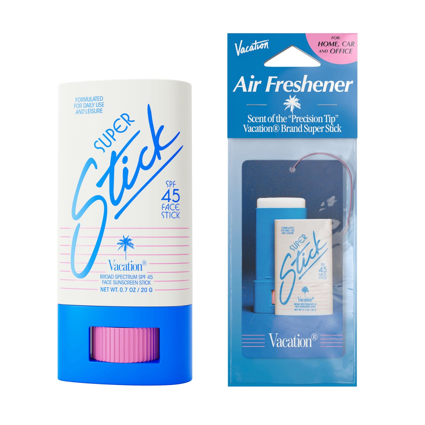 Vacation Super Stick SPF 45 Face Sunscreen Stick and Air Freshener Bundle, 0.7 Ounces - Clear Sunscreen for Face, Hyaluronic Acid, Lightweight, Water-Resistant, Vegan, Travel Size