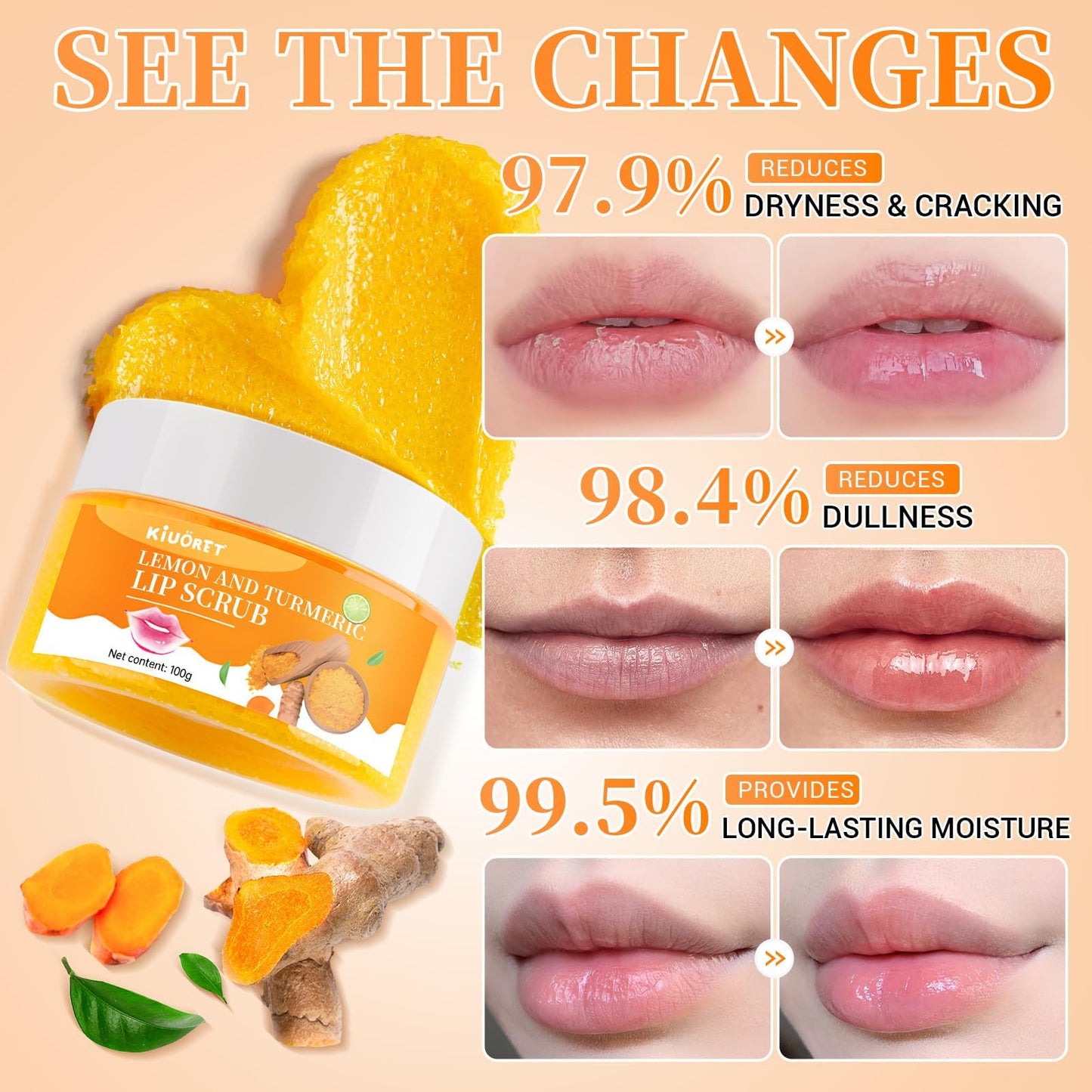Lemon Turmeric Lip Scrub with Brush Set - lip Scrubber Exfoliator for Dark, Dry, Chapped LiPs, Reduce Fine Lines - Hydrating Moisturizing Lip Care for Instantly Smooth, Soft Lips