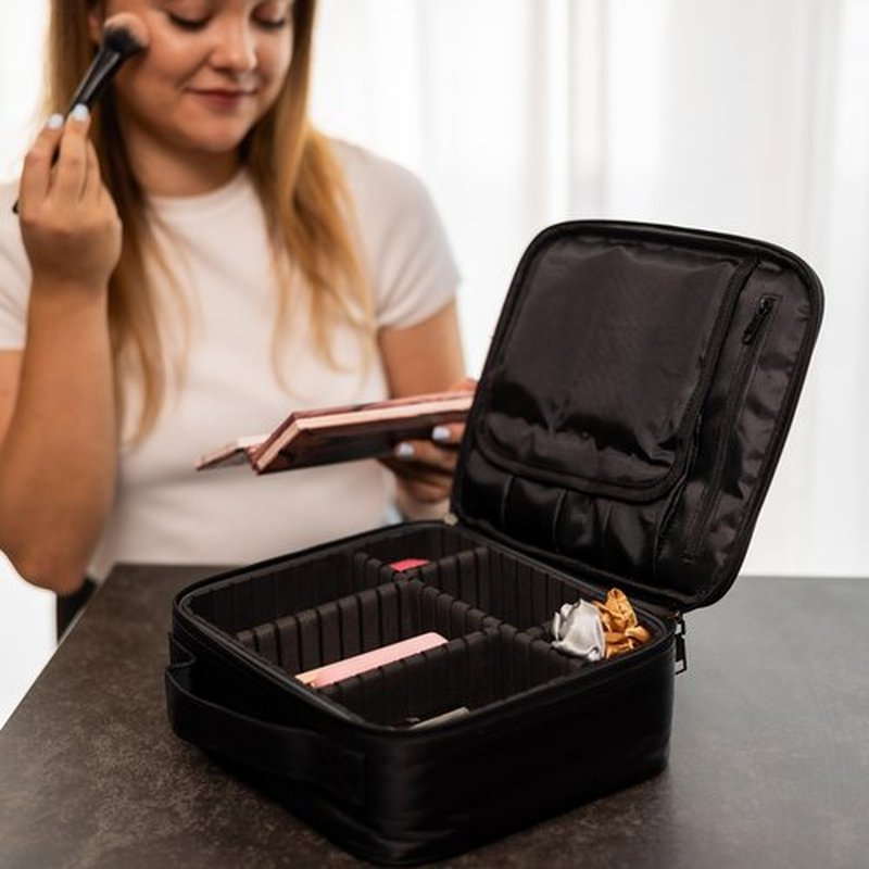 (Not Made In China) Travel Makeup Train Case, Make Up Box, Cosmetic Storage Organizer For Professional Beauty Artist W/Adjustable Dividers For Jewelry, Nail Polish and Brushes (1, Black, Small)