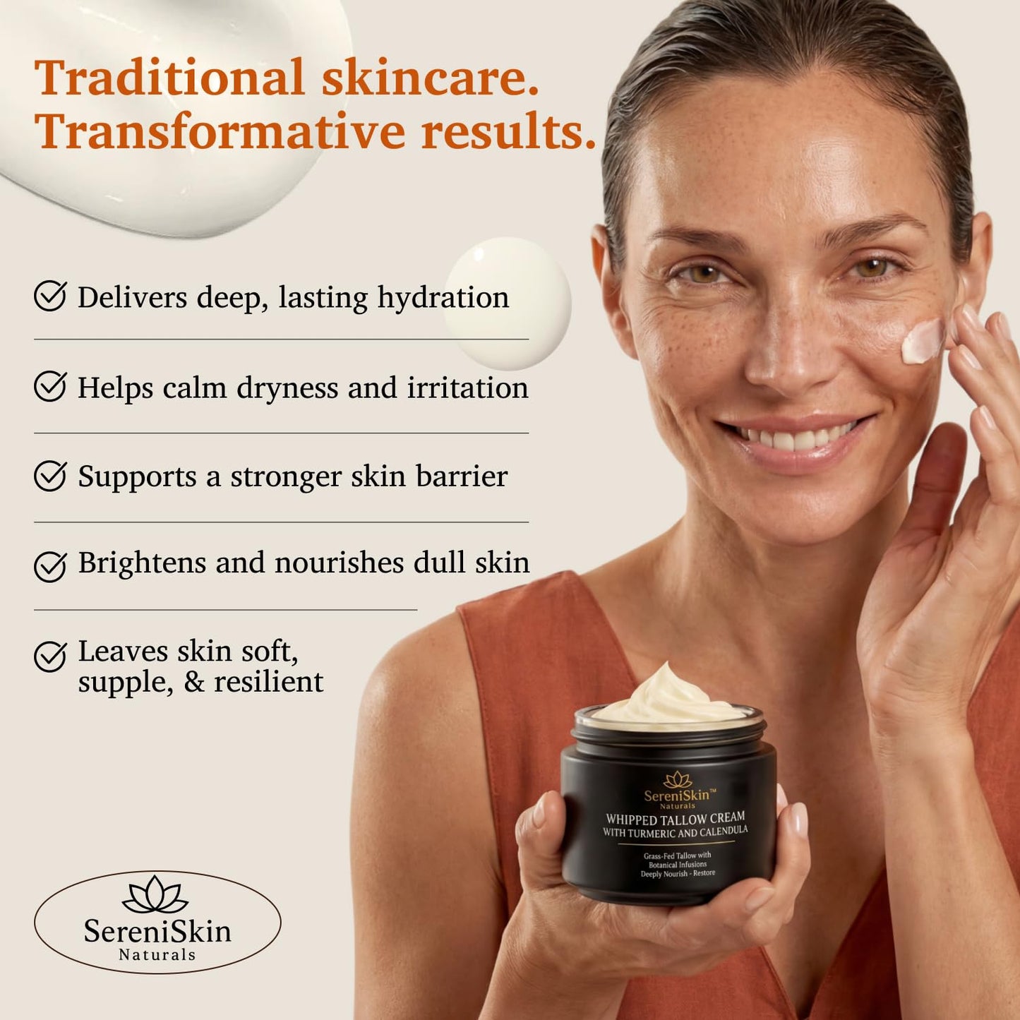SereniSkin Grass-Fed Beef Tallow for Face & Skin - Deep, Long-Lasting Hydration & Skin Barrier - Whipped Organic Face Moisturizer & Body Cream for Dry, Sensitive Skin - Non-Greasy, Fragrance-Free, 4oz