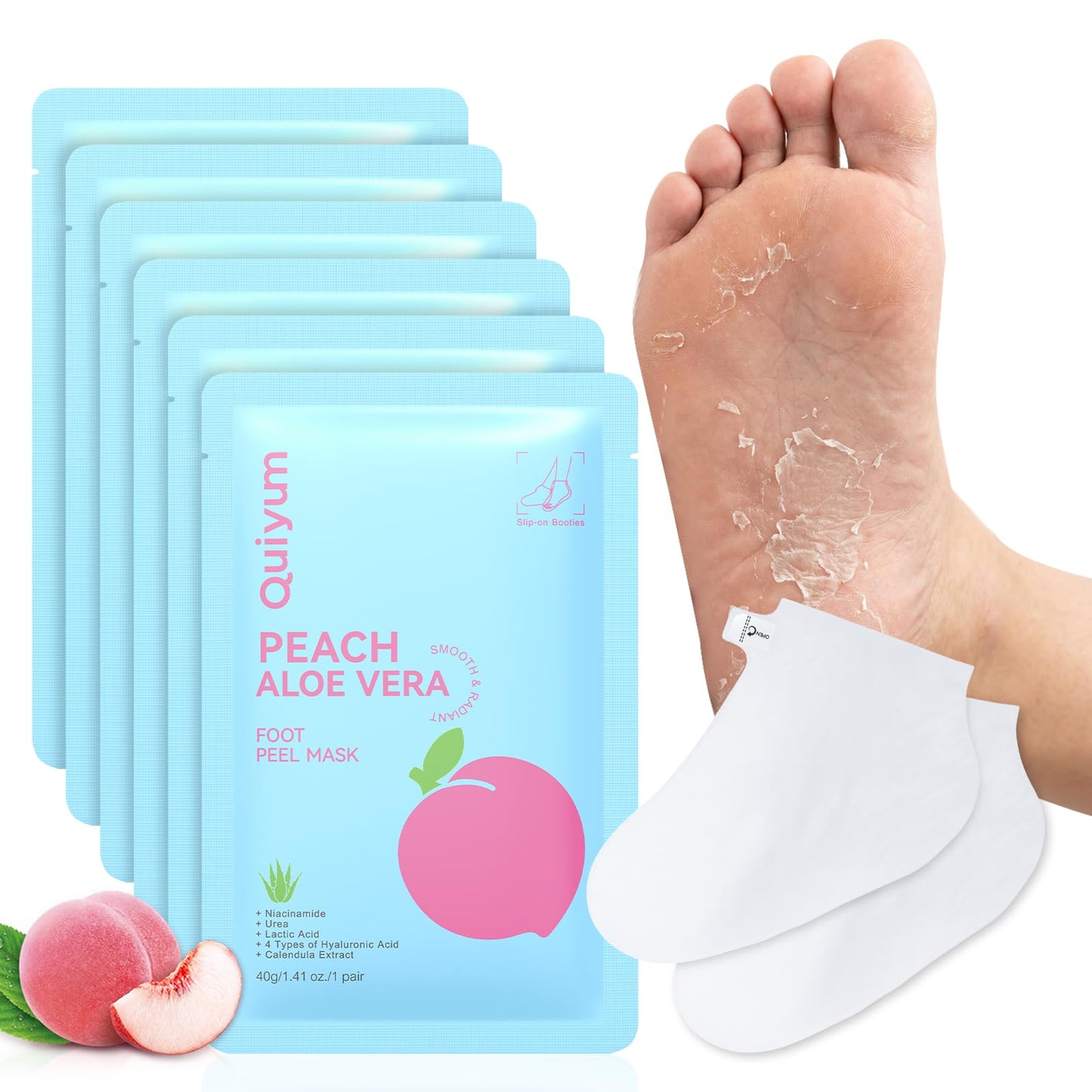QUIYUM 6 Pairs Peach & Aloe Vera Exfoliating Foot Mask, Foot Peeling Masks