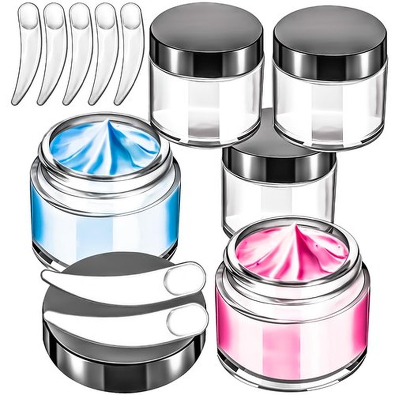 MotBach 4 Pack 2 oz Glass Jars with Lids 60ml Mini Round Clear Glass Jars with Inner Liners and Spatulas, Travel Size Containers Jars for Toiletries Creams Makeup Cosmetic Sample Lotion (Black Lid)