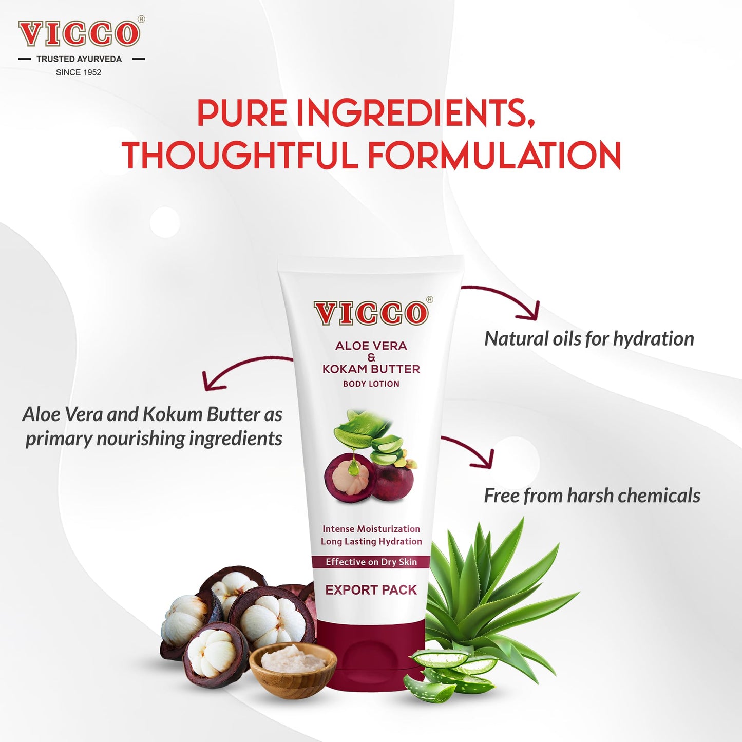 Vicco Aloe Vera and Mangosteen (kokum butter) Lotion for Body, Hands & Face, Soft-Absorbing Texture, 6.76 Fl Oz (Pack of 1)