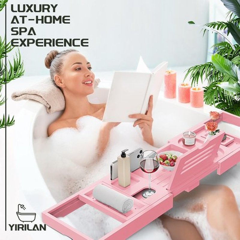 Yirilan Premium Bathtub Tray Caddy - Expandable Bath Tray - Unique House Warming Gifts, New Home, Anniversary & Wedding Gifts for Couple, Bridal Shower Gift for Women-Pink