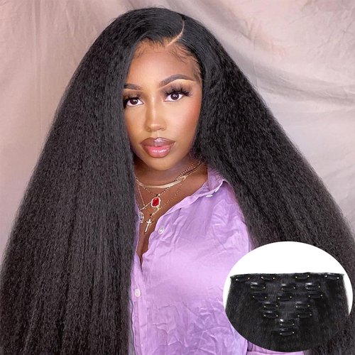Yargel Hair 26 Inch Kinky Straight Clip in Hair Extensions for Black Women Yaki Straight Clip ins Full Head Seamless Synthetic Hair Pieces(2 pack)
