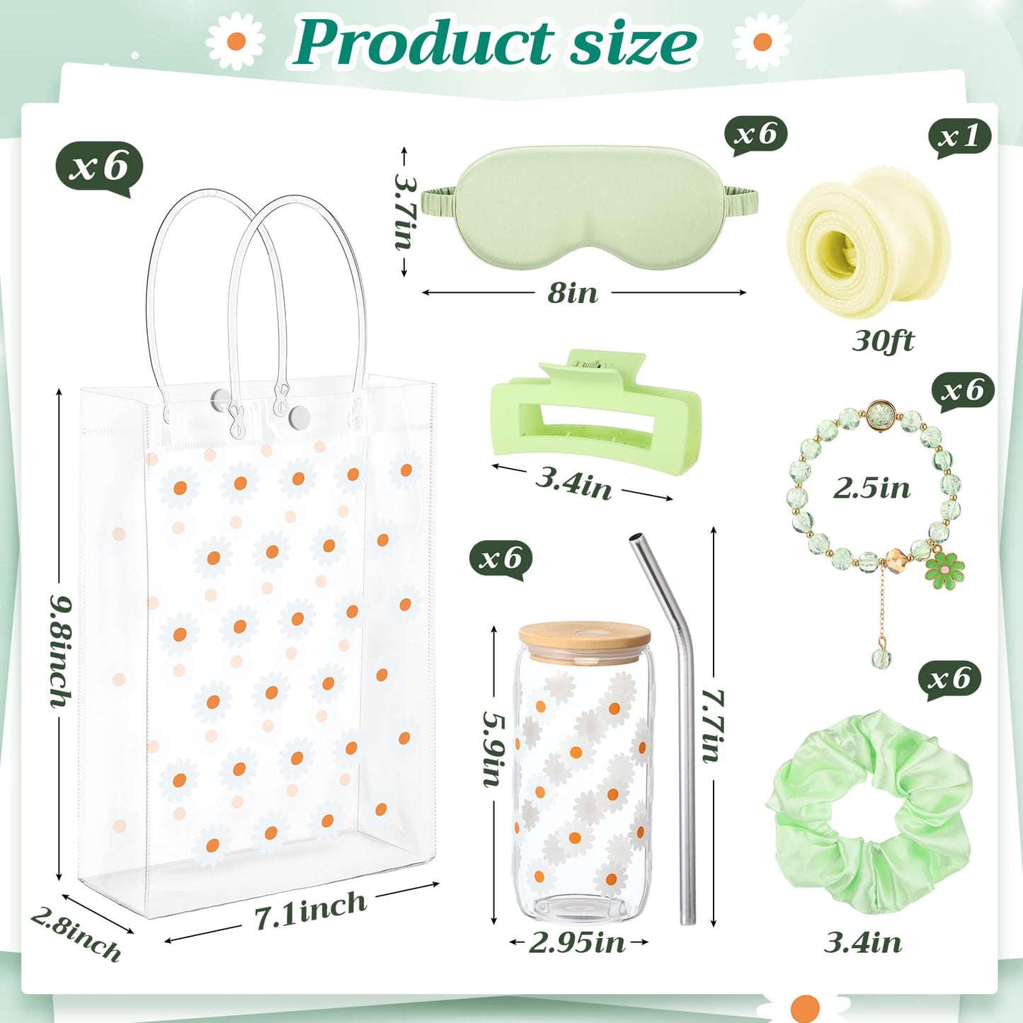 Vesici 42 Pcs Spa Sleepover Party Supplies Bulk for Women 6 Sets Slumber Bridesmaid Wedding Birthday Gifts Favor Glass Cup Eye Mas Hair Tie Hair Clip Bracelet Tote Bag Ribbon(Daisies,Sage Green)